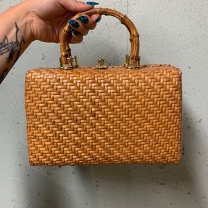 Nieman Marcus vintage wicker purse bamboo handle pink interior.